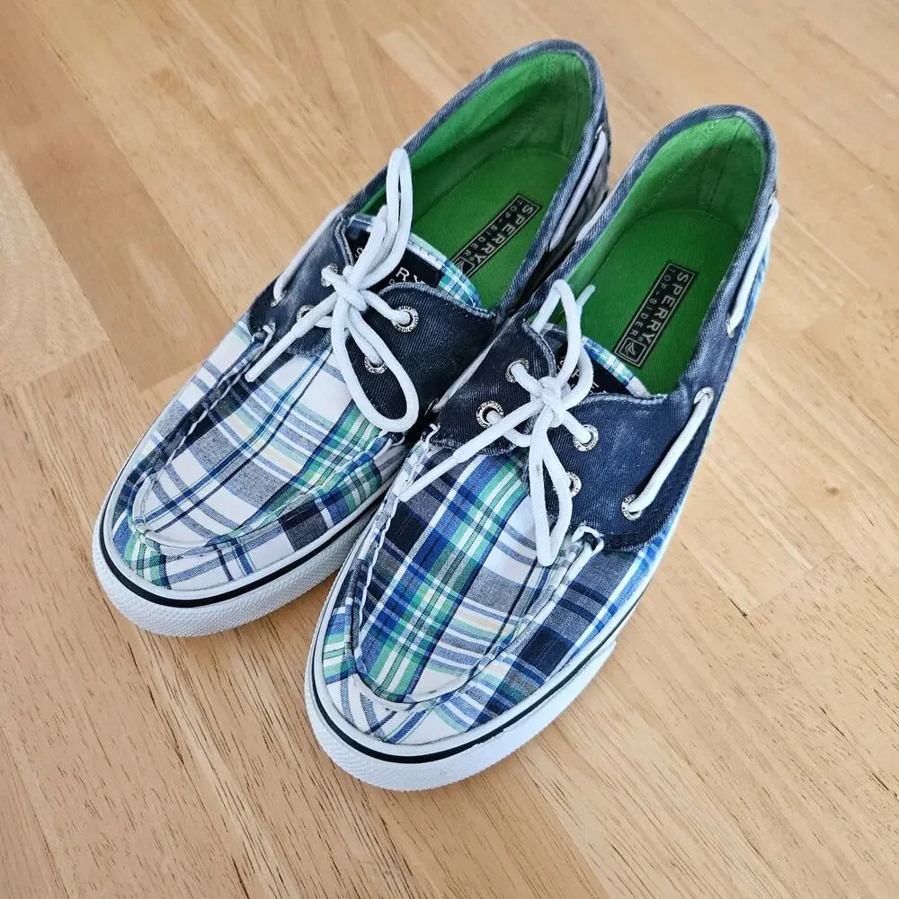 Sperry Top Sider Blue Green Plaid Boat Shoes sz 7.5M